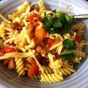 Pasta with tomatoes, onion, garlic (thank god it's not an animal product) and vegan cheese (really good vegan cheese). 